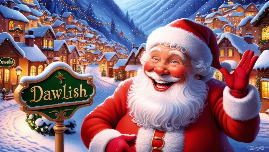 Where to Meet Santa in Exeter & Teignbridge '24! 1 Father Christmas Belly Laughing Next to 'Dawlish' Town Sign Dawlish
